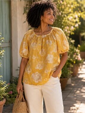 St. John's Bay Yellow Floral Puff-Sleeve Blouse Size Medium